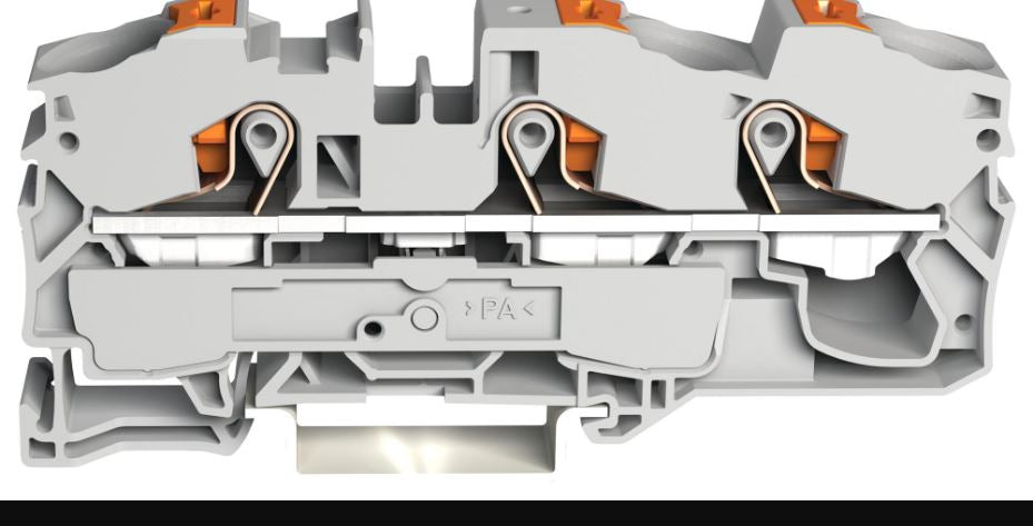 3 Conductor Through Terminal Block with Push Button and Test Port, 800V, 76A, 20AWG to 6AWG, Grey