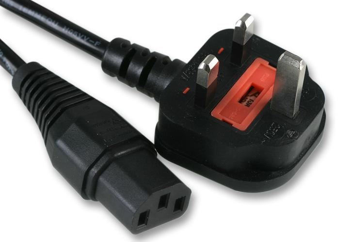 2m UK Plug to IEC C13 Socket Mains Lead, 10A Black