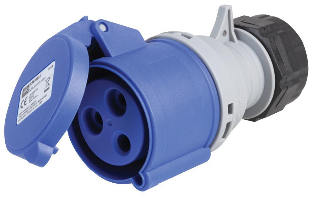 32A, 250V, Cable Mount CEE Socket, 2P+E, Blue, IP44