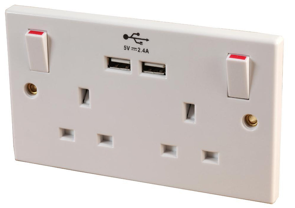 2 Gang Socket with 2.4A USB, White