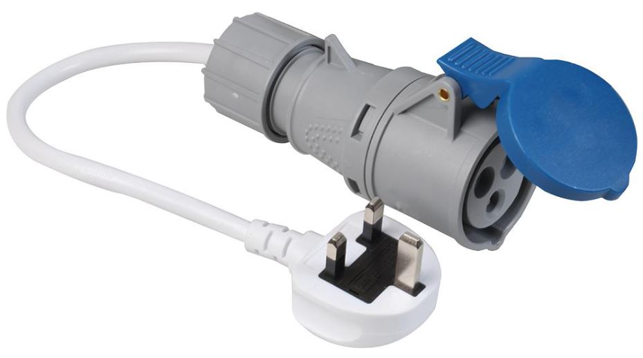 UK Mains Plug to CEE Socket, 240V, 16A, 2P+E, IP44, Blue