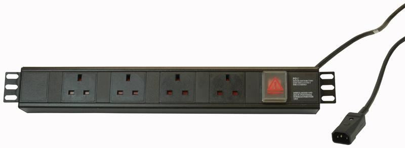 4 Way UK PDU with IEC C14 Plug - Horizontal Rack Mount