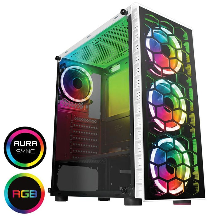 Raider ATX Midi PC Gaming Tower Case with 4 Halo RGB fans, White