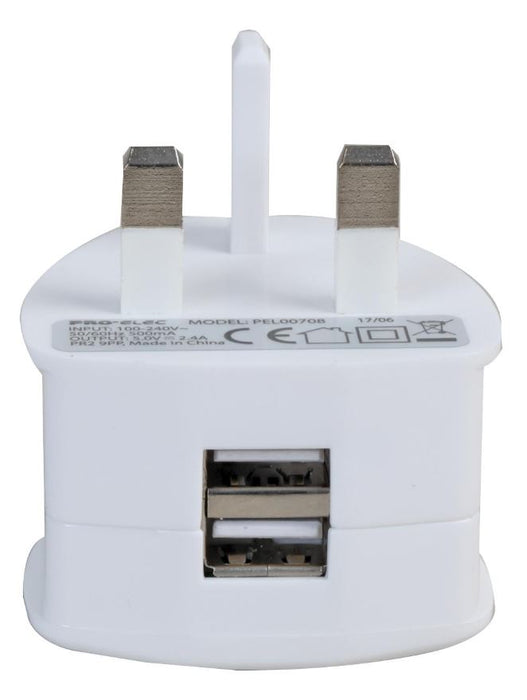 2.4A, 2 Port USB Mains Charger, White