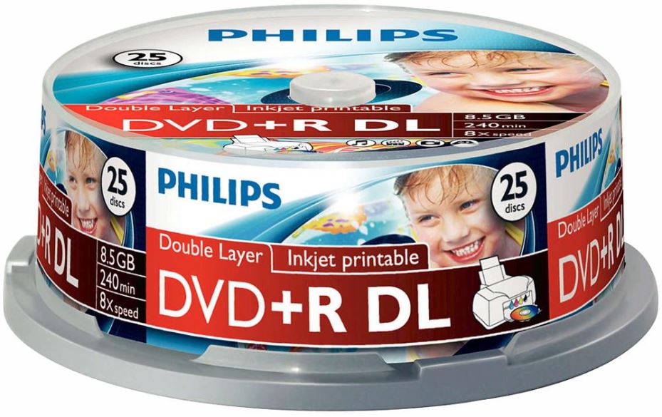 8x Speed Inkjet Printable DVD+R DL Blanks DVDs - Spindle 25 Pack