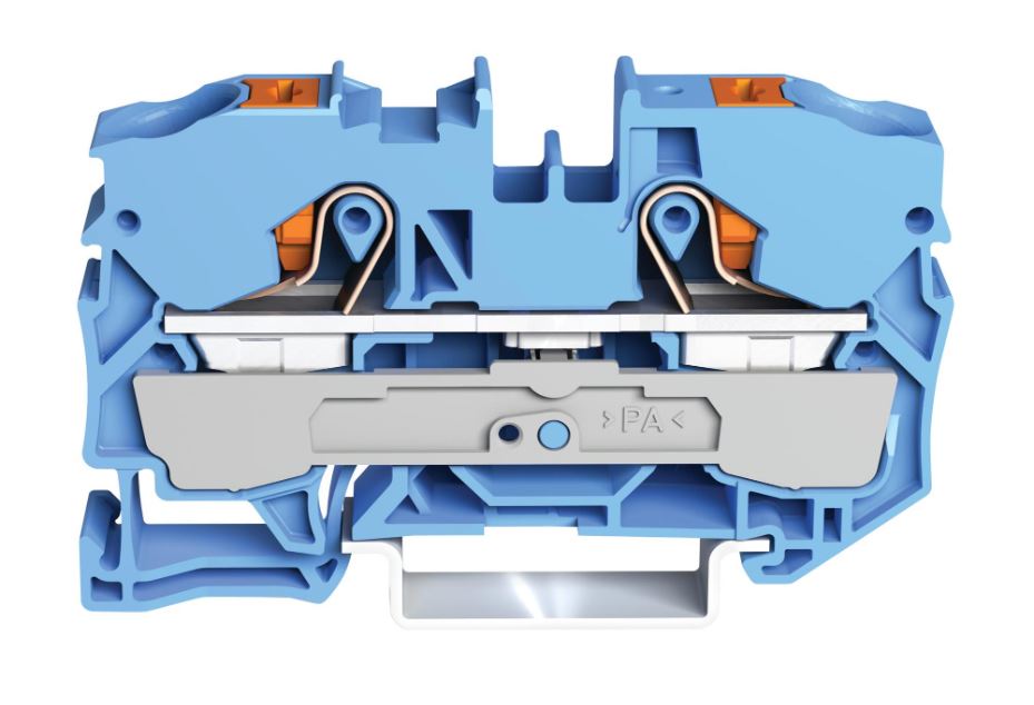 2 Conductor Through Terminal Block with Push Button and Test Port, 800V, 57A, 20AWG to 6AWG, Blue