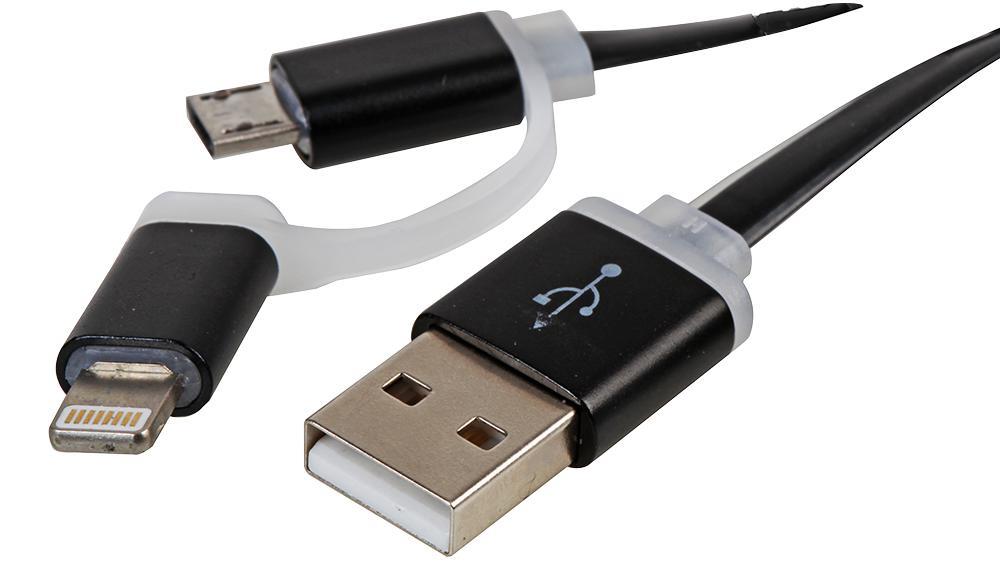 2-In-1 Black USB to Micro USB Lead with Lightning Adaptor - 1m