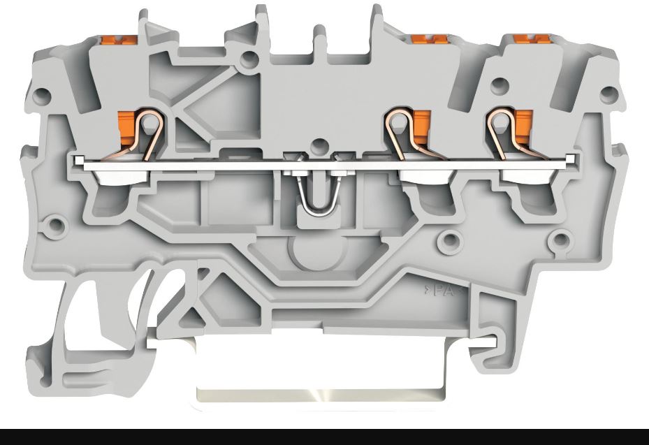 3 Conductor Through 35mm DIN Rail Terminal Block with Push Button and Test Port, 800V, 18A, 22AWG to 14AWG, DIN Rail 35mm, Grey