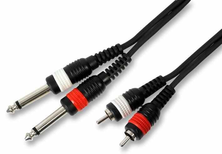 PULSE 2x 6.35mm (1/4") Mono Jack to 2x Phono (RCA) Plug to Plug Lead, 1.5m Black