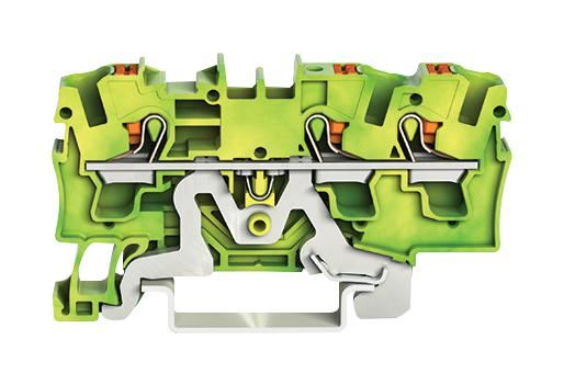 3 Conductor Ground Terminal Block with Push Button and Test Port, 800V, 32A, 20AWG to 10AWG, DIN Rail, Green