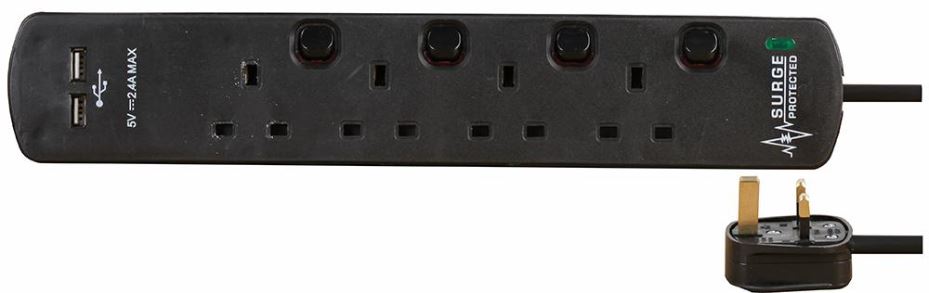 Surge Protected Extension Lead with 2 USB, 2m