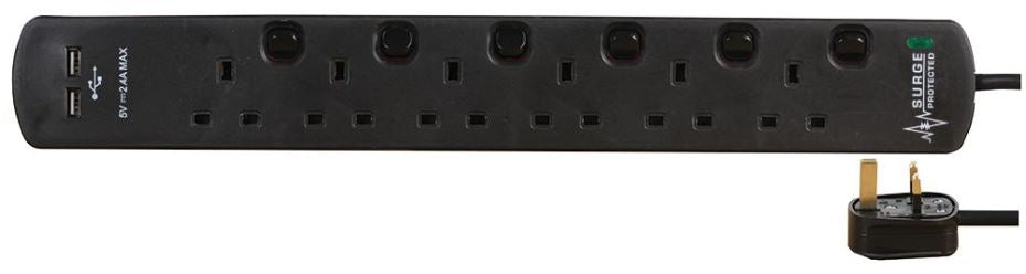 6 Gang 2 USB Surge Protected Extension Lead, 2m, Black