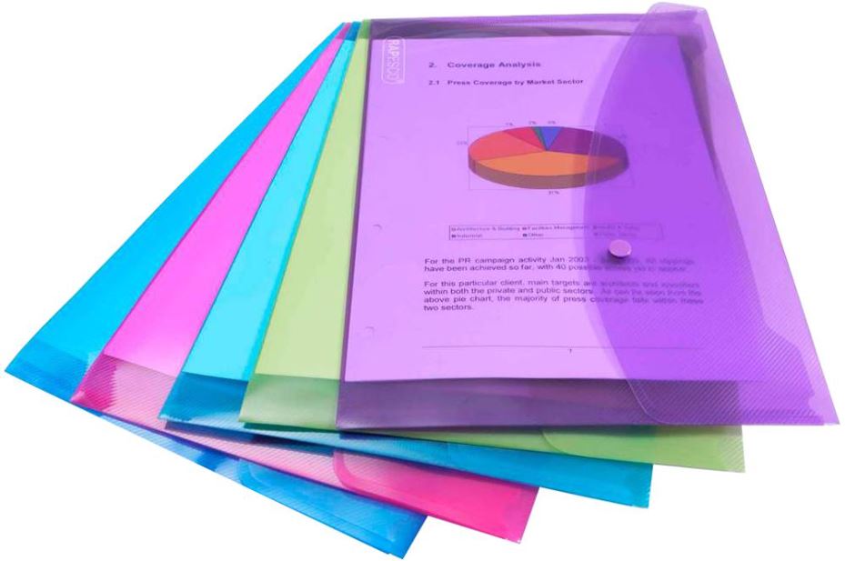 Foolscap / A4 Plastic Popper Document Wallets - Pack of 5 Assorted Bright Colours