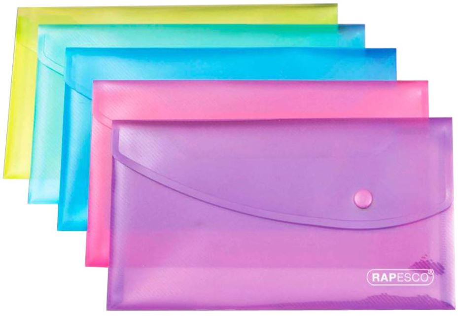 DL Plastic Popper Document Wallets - Pack of 5 Assorted Bright Colours