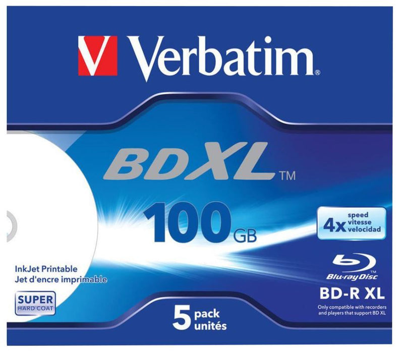 4x Speed BD-R XL Wide Inkjet Printable Blank Blu-ray Discs - 5 Pack Jewel Case