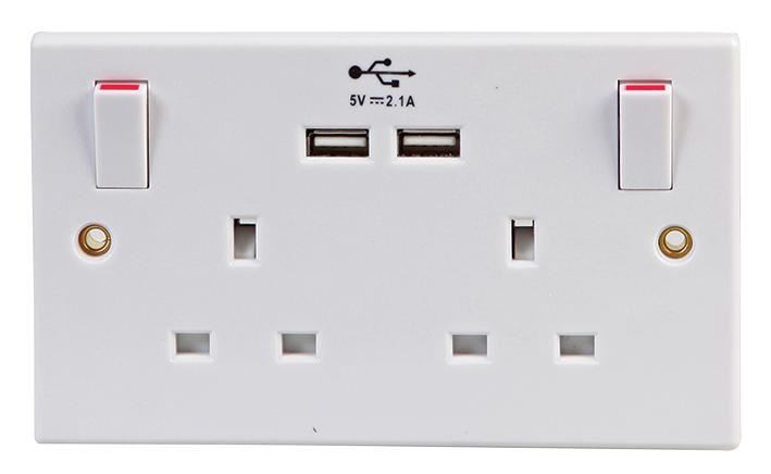 2-Gang Power & USB Charging Wall Plate 13A 250V White