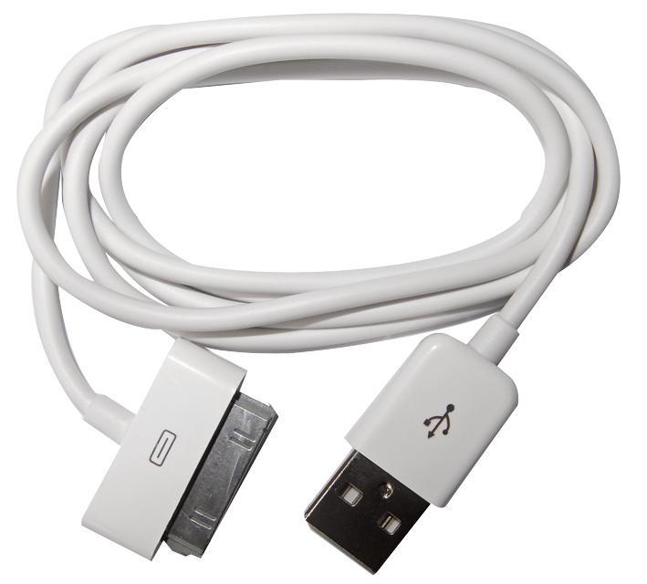 White 30 Pin Connector to USB Charge Sync Lead, 1m