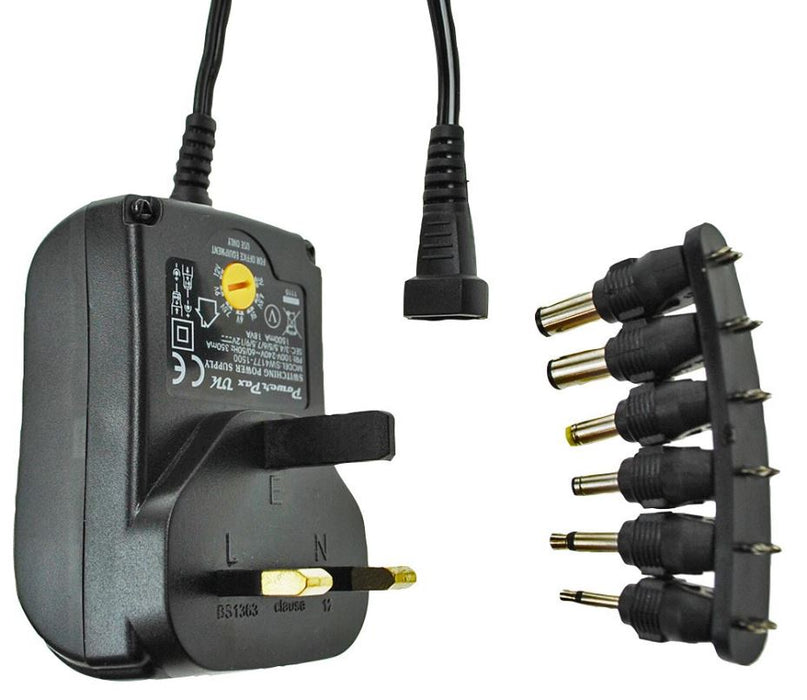 18W, Multi Voltage, Plug In Power Supply, 3V, 4.5V, 6V, 7.5V, 9V, 12V, with 6x Tips