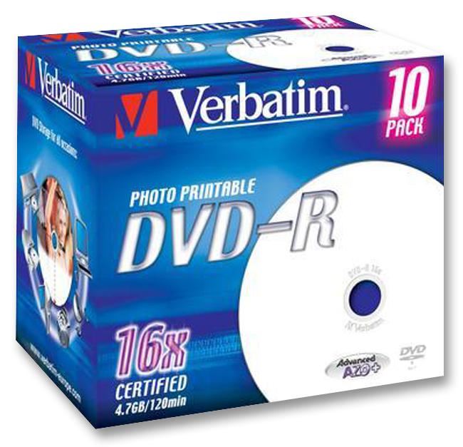 16x Speed DVD-R Wide Inkjet Printable Blank DVDs - 10 Pack Branded Jewel Case