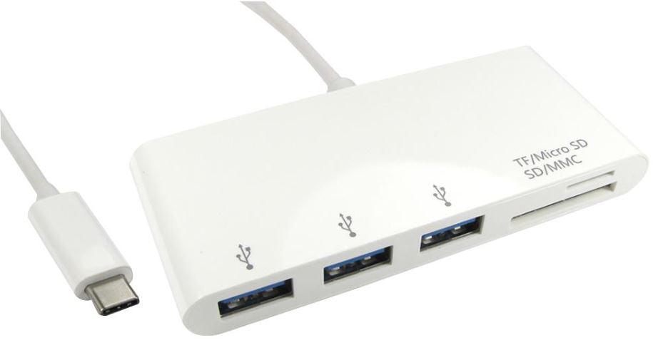 3 Port USB 3.0 Hub, USB-C to 2x USB-A, MMC, SD, MicroSD, White