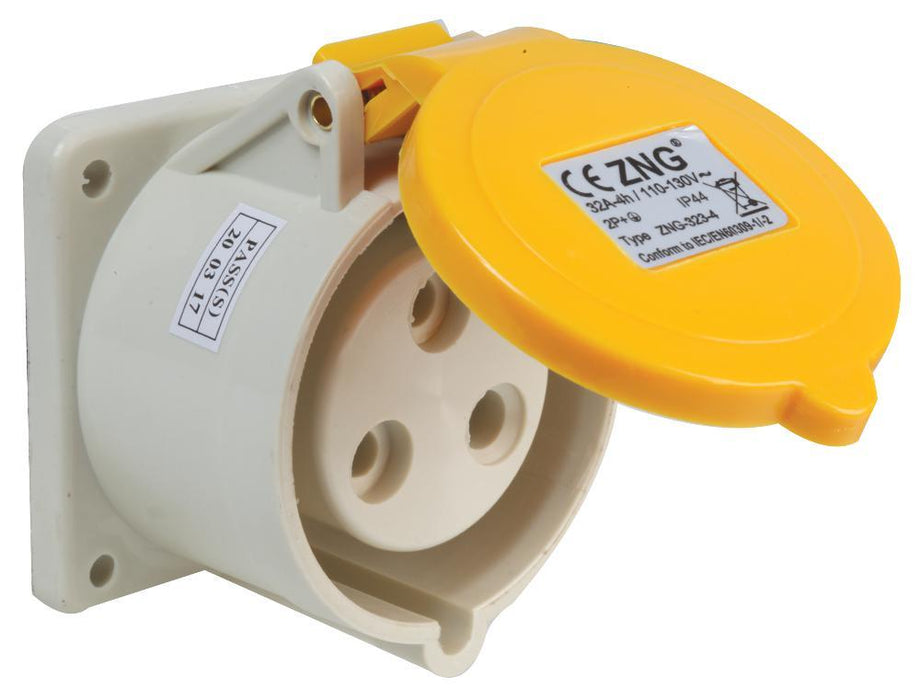 110V, Panel Mount CEE Socket, 2P+E, Yelow, IP44