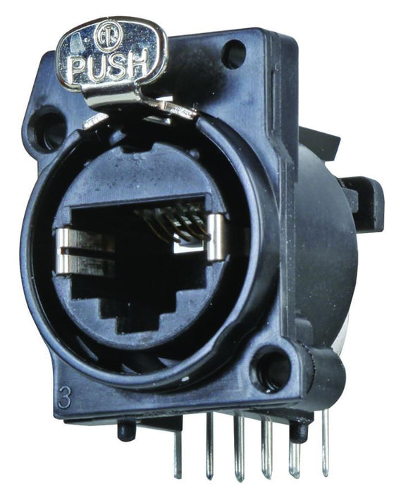 RJ45 Cat5e Horizontal PCB Panel Mount Socket, 8P8C, A-series Cutout with Latch Lock, Black Plastic