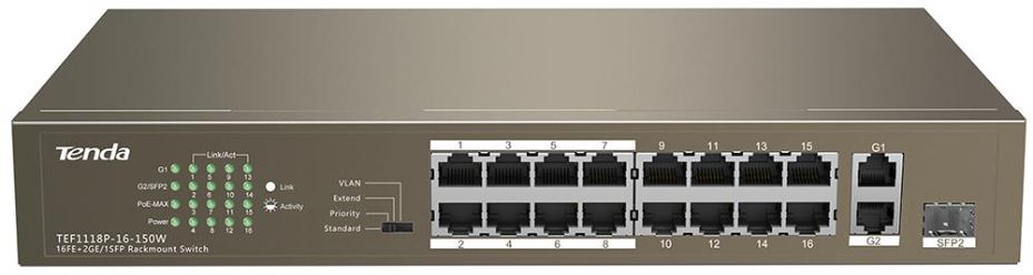 16 Port PoE Fast Ethernet Desktop Switch with 2x Gigabit Ports & SFP Slot