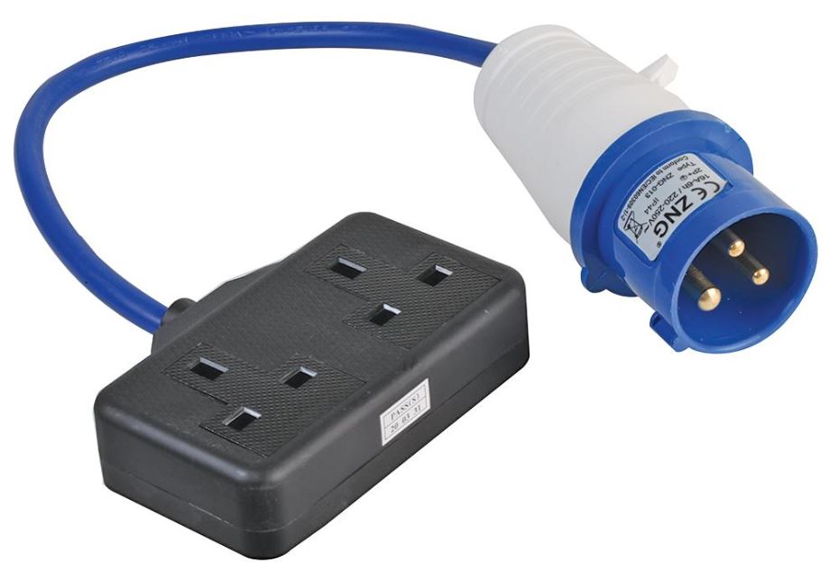 16A, 230V, UK 13A Mains Socket to CEE Plug Extension Lead, 2P+E, Blue, 350mm