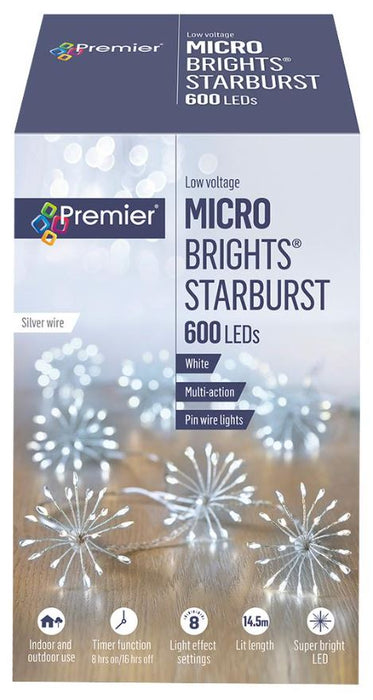 600 LED Micro Starburst Light with Silver Wire Multi Action