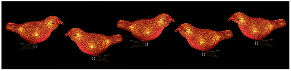 Raraion - 16cm Red LED Christmas Acrylic Robins, 5 Piece, With Clips