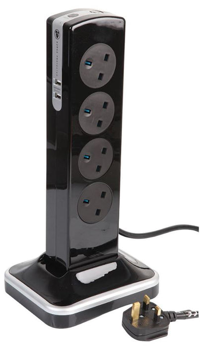 8 Gang Surge Protected Extension Tower with 2x USB, 2m Lead