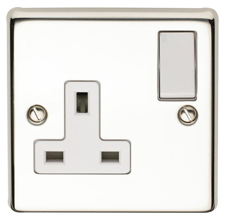 VOLEX 1 Gang DP 13A Angled Edge Switched Socket, Polished Chrome / White