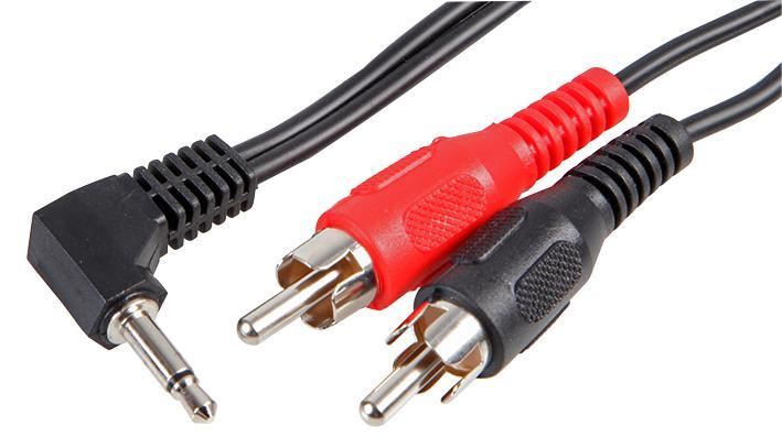 3.5mm Right Angled Mono Jack Plug to 2x Phono (RCA) Plugs Lead, 2m