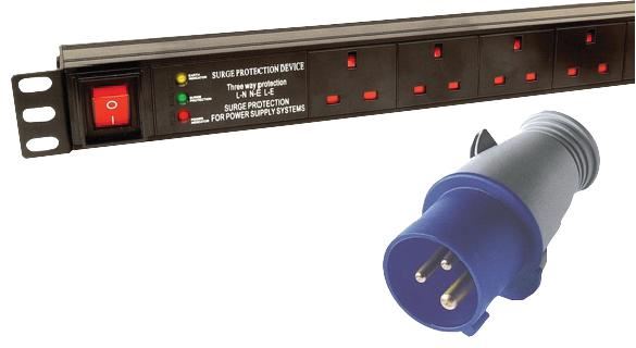 1U 12 Way 13A Mains Sockets to 32A Commando Plug Vertical PDU