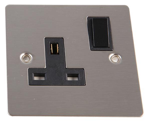 1 Gang DP 13A Switched Socket, Brushed Stainless Steel / Black