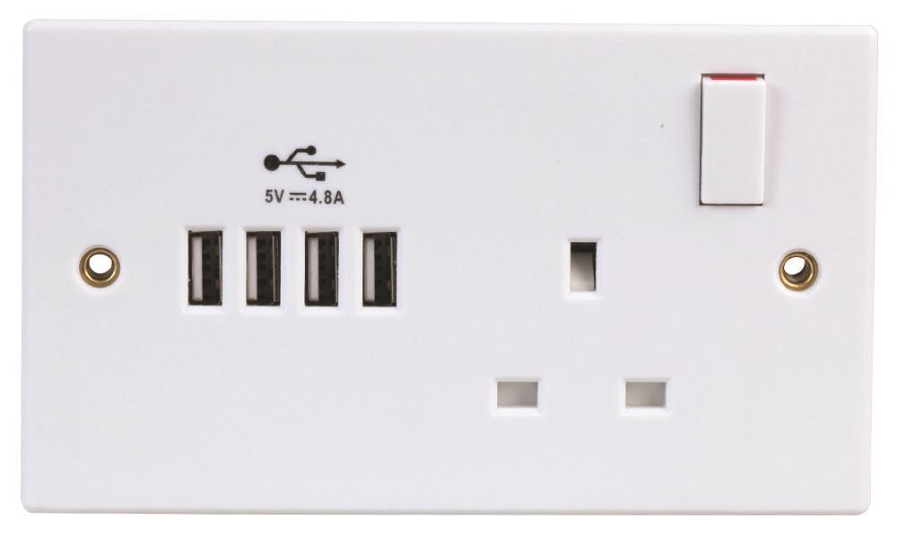 13A 1-Gang Switched Socket with 4x 2.4A USB Sockets