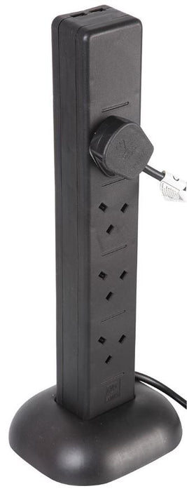 8 Way Tower Extension Lead, 2x USB Charging Ports, 1m, Black