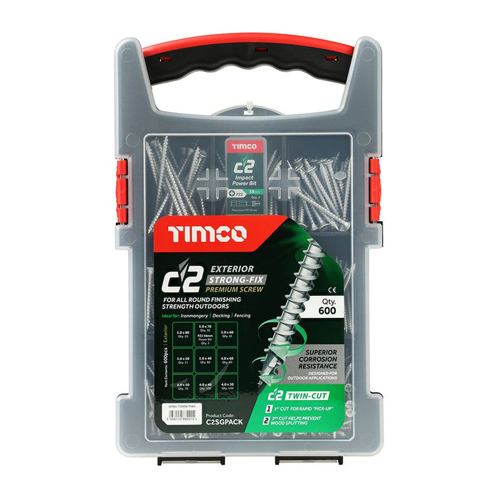 C2 Strong-Fix Exterior Multi-Purpose Premium Screws - Mixed Grab Pack - PZ - Double Countersunk - Silver (Size 600pcs - 600 Pieces)