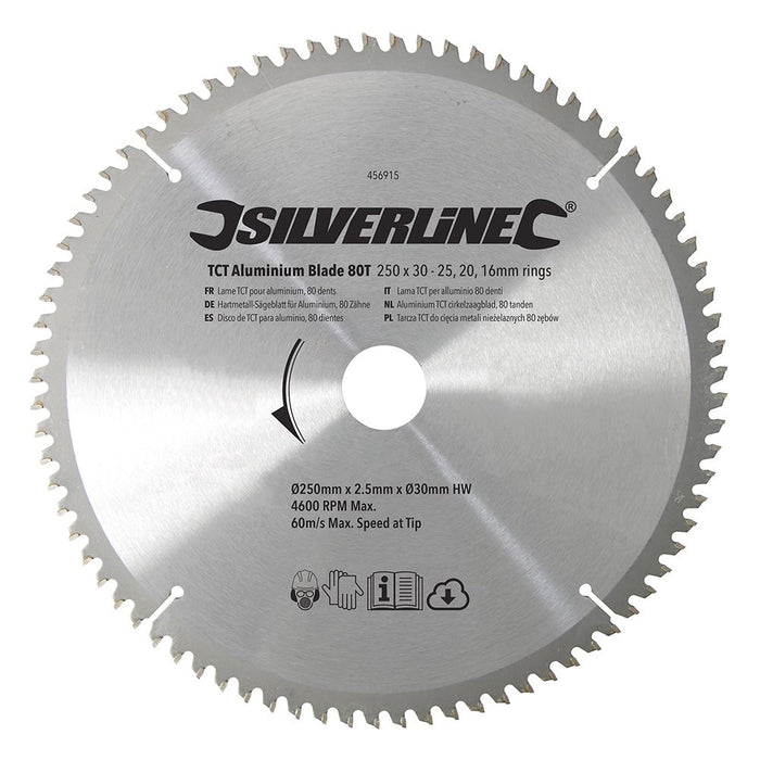 TCT Aluminium Blade 80T - 250 x 30 - 25, 20, 16mm Rings