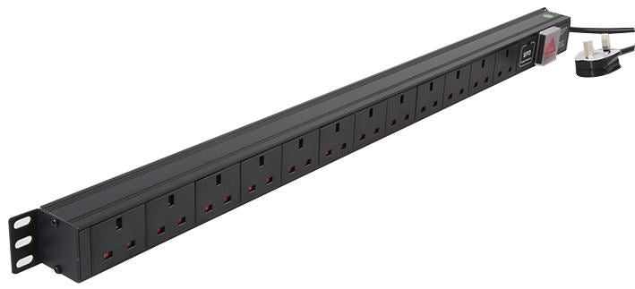 1U 12 Way 13A Mains Sockets to Plug Vertical Surge Protected PDU