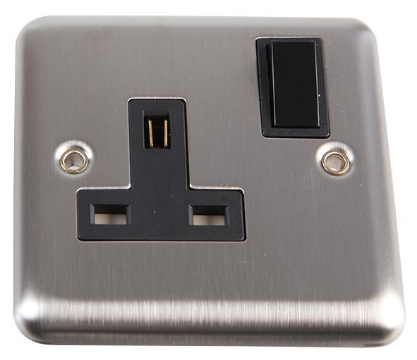 1 Gang DP 13A Switched Socket, Brushed Stainless Steel / Black