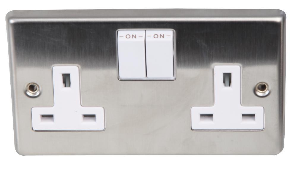 VOLEX ACCESSORIES 2 Gang 13A DP Switched Socket, Brushed Stainless Steel / White