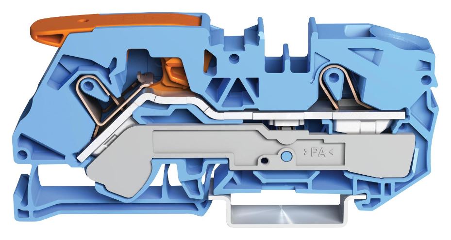 2 Conductor Through Terminal Block Lever with Test Port, 800V, 76A, 20AWG to 4AWG, Blue