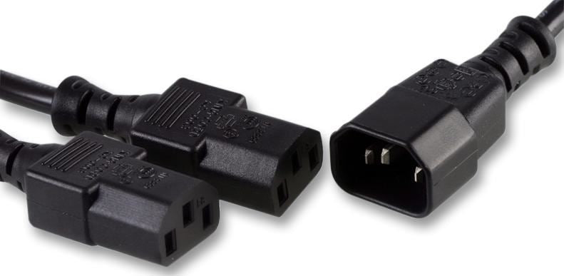 IEC Splitter, IEC C14 Male to 2x IEC C13 Female Lead, 2m, Black