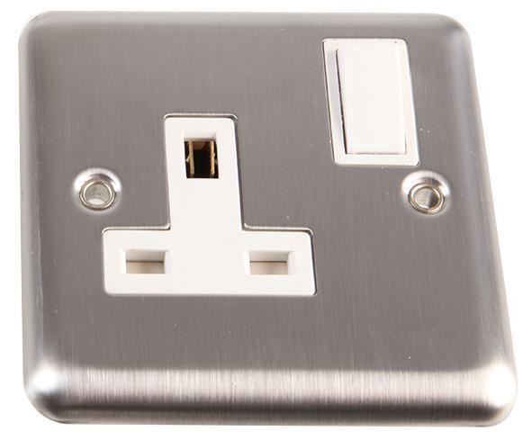 VOLEX ACCESSORIES 1 Gang 13A DP Switched Socket, Brushed Stainless Steel / White