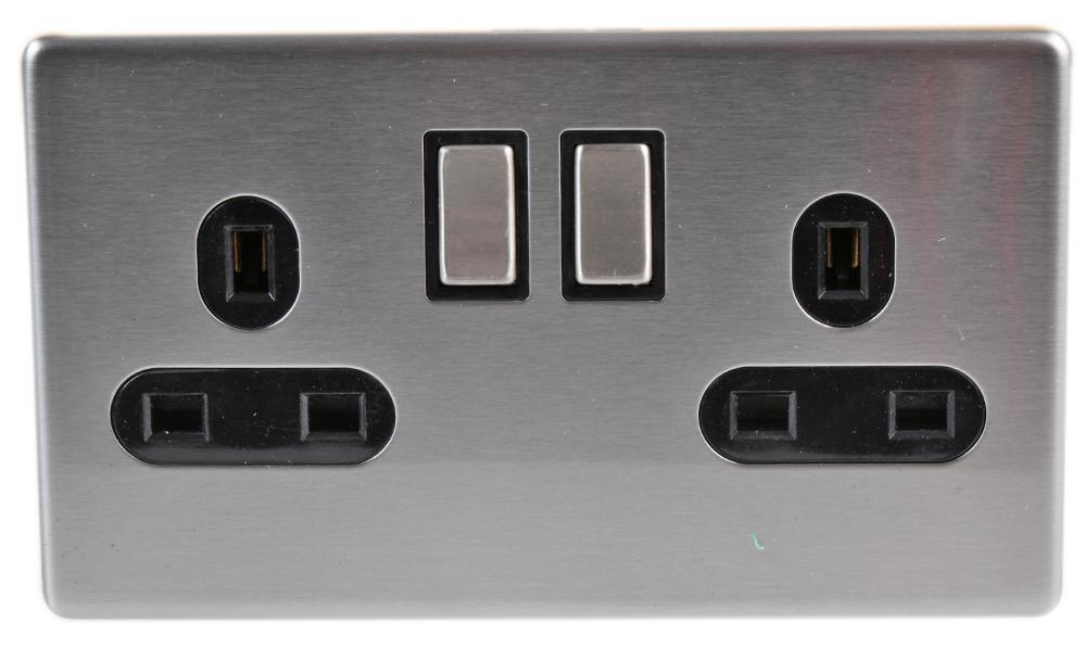 Screwless Switched Mains Socket Double Pole 13A Stainless Steel