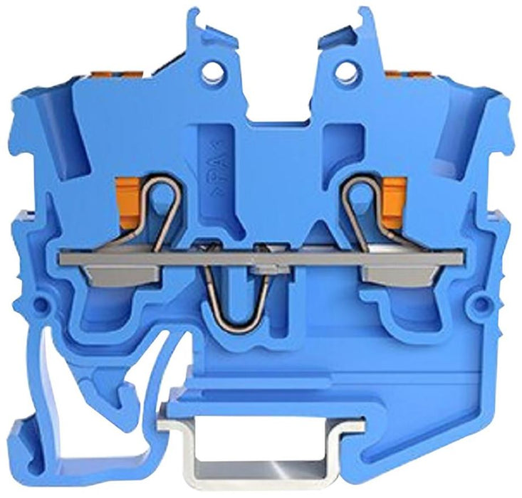 2 Conductor Through Terminal Block with Push-In Clamp and Test Port, DIN Rail Mount, 500V, 13.5A, 24AWG to 16AWG, Blue