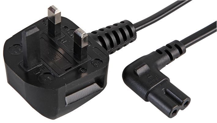 5m UK Plug to Right Angled Figure 8 (C7) Power Cable, Black