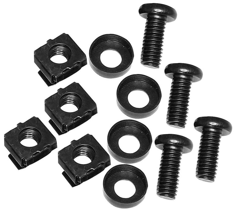 Black M6 Cage Nut, Screw and Washer Set - Pack of 4 Each