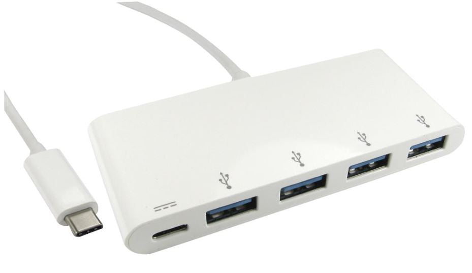4 Port USB 3.0 Hub, USB-C to 4x USB-A and USB-C Power Delivery, White